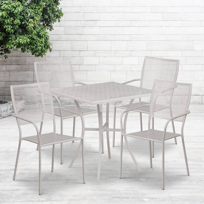 28'' Square Indoor-Outdoor Steel Patio Table Set with 4 Square Back Chairs - Light Gray