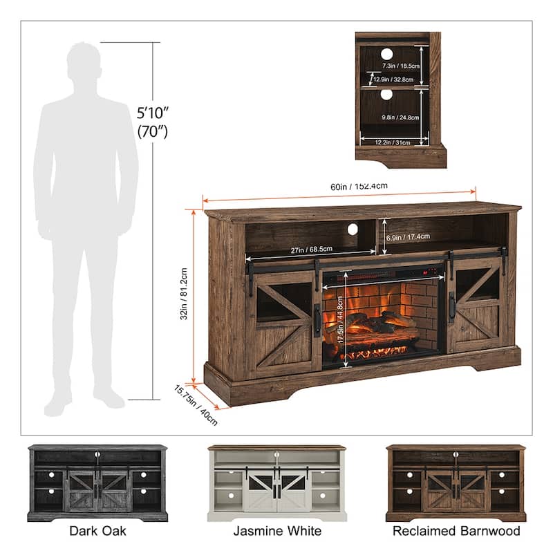 60"W Fireplace TV Stand with Sliding Barn Door, Farmhouse TV Console - 60"L x 15.75"W x 32"H