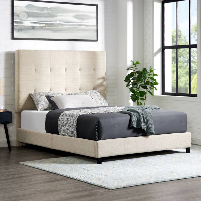 Beige Tufted Upholstered Queen Platform Bed with Headboard