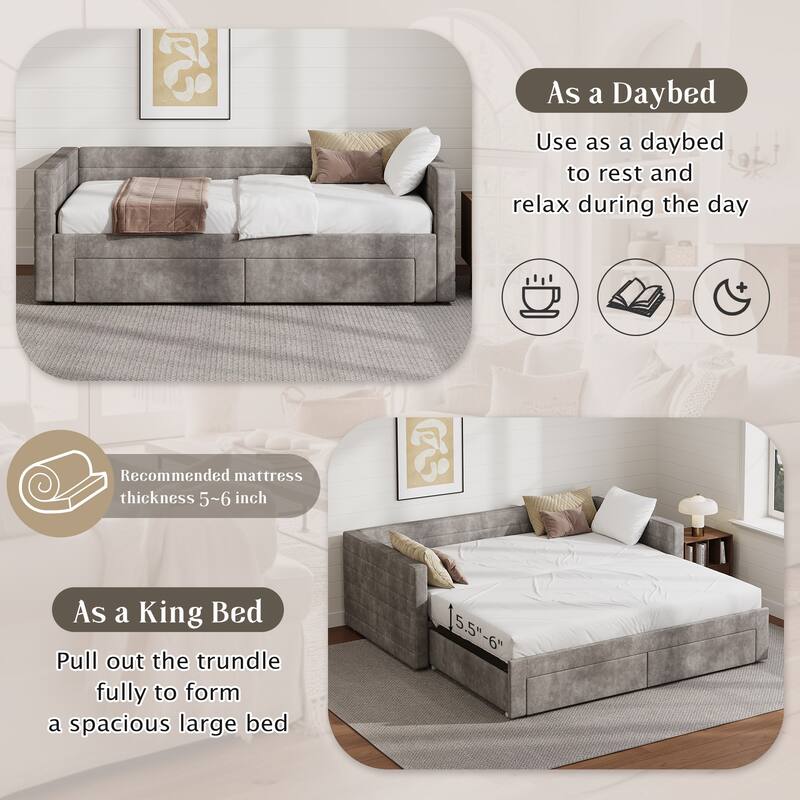 Tufted Upholstered Daybed with Pull-Out Expansion & 2 Hidden Drawers by Harper&Bright Designs