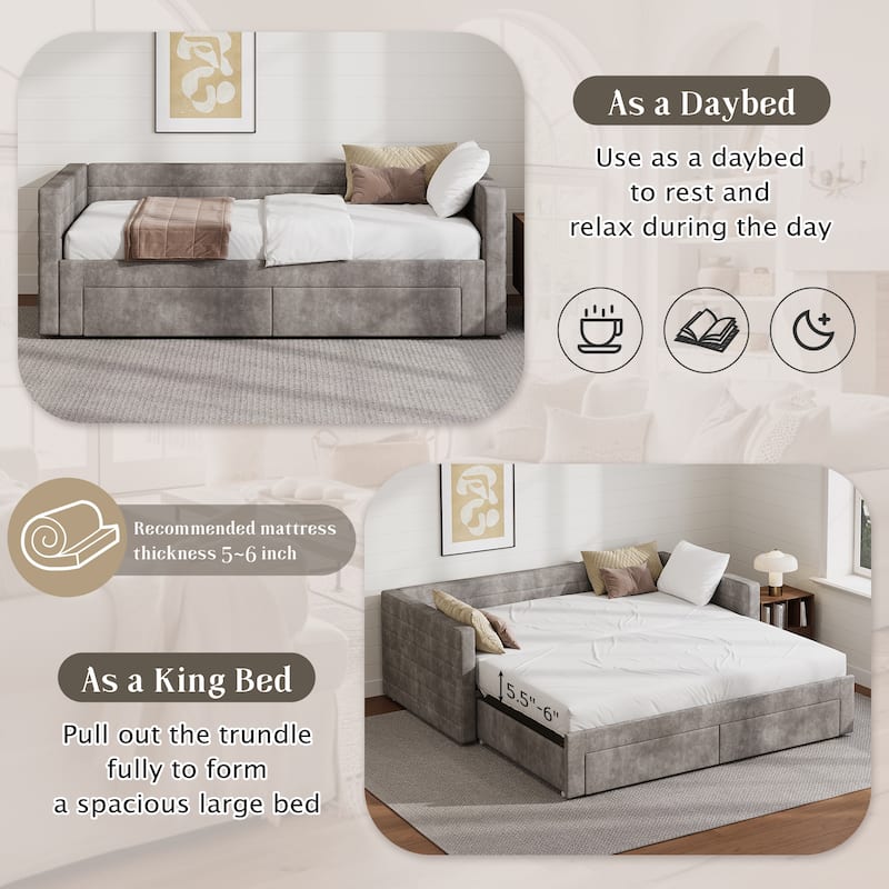 Twin Size Upholstered Bed Extendable Daybed Frame Twin to King Design Chenille Fabric Sofa Bed with Trundle and Storage Drawers