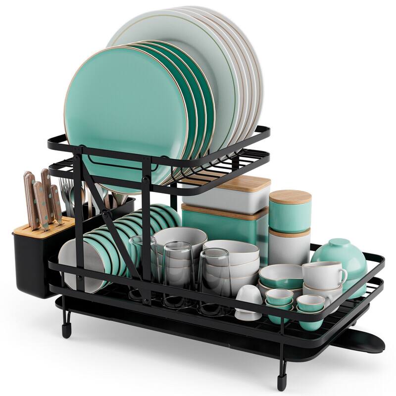 2-Tier Collapsible Dish Rack with Removable Drip Tray - Black