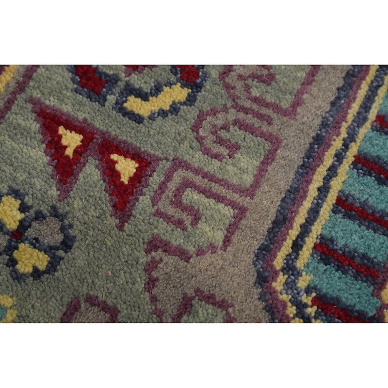 Hand-knotted Traditional Wool Green Geometric Area Rug Oriental Carpet - 8' 0'' X 2' 7''