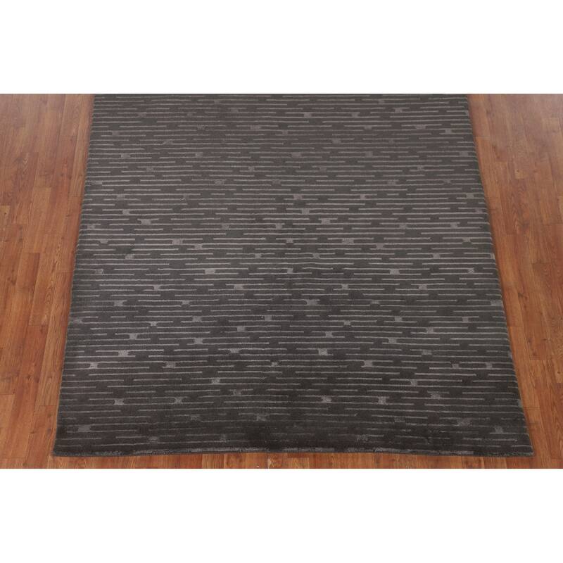 Striped Nepalese Living Room Area Rug Hand-Knotted Wool Carpet - 6'1" x 8'11"