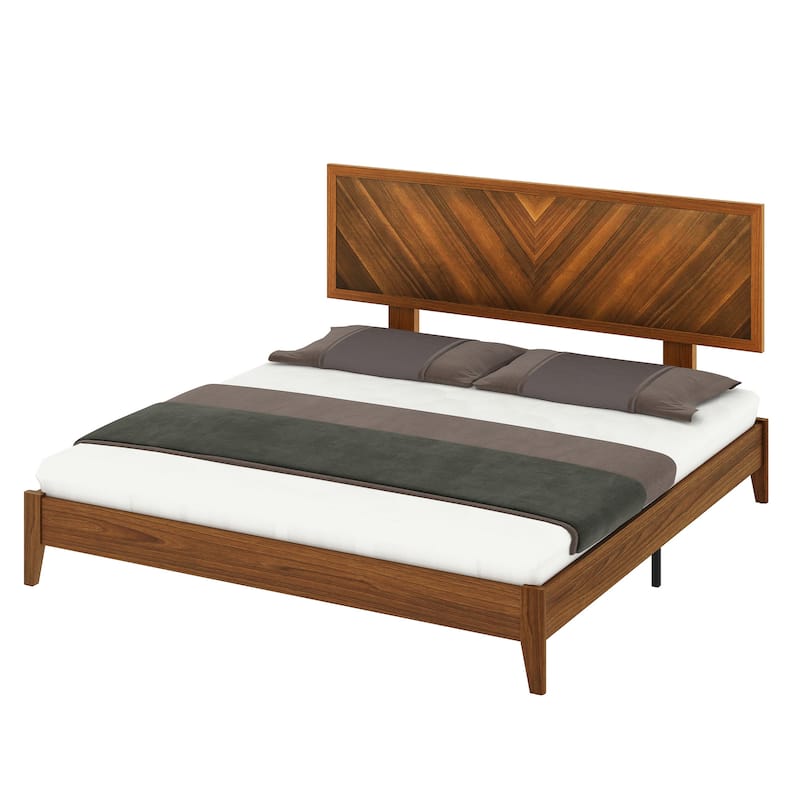 Queen/King Size Bed Frame with Adjustable Headboard Heights and Solid Wood Headboard, Walnut Color