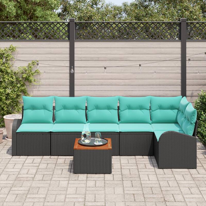 vidaXL 7 Garden Sofa Set with Cushions Black/Grey Poly Rattan - 113.8 x 48.8 x 27.2