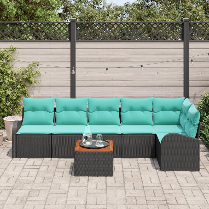 vidaXL 7 Garden Sofa Set with Cushions Black Poly Rattan - 113.8 x 48.8 x 27.2