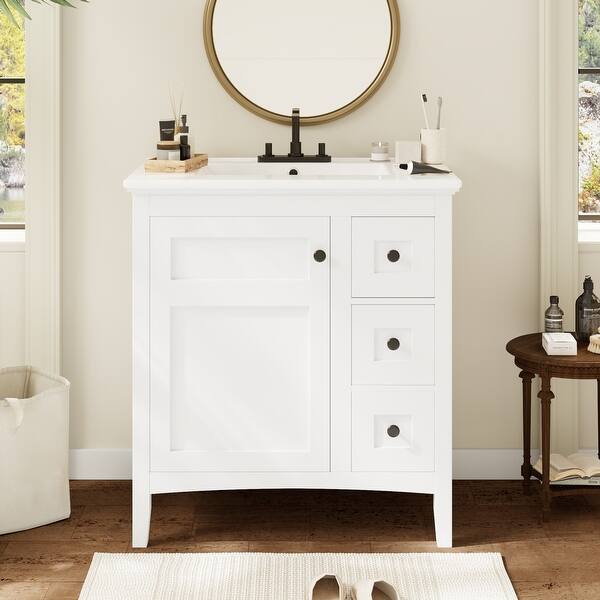 30” Modern Bathroom Vanity With Sink Combo – Solid Wood Frame, Soft-Close Door & 3 Drawers, Ceramic Top, White/Green/Grey Finish