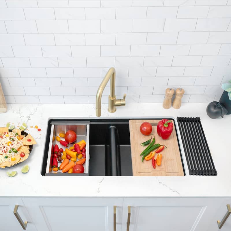 Dual mount 33 inch Black Composite Granite Double Bowl Workstation Kitchen Sink