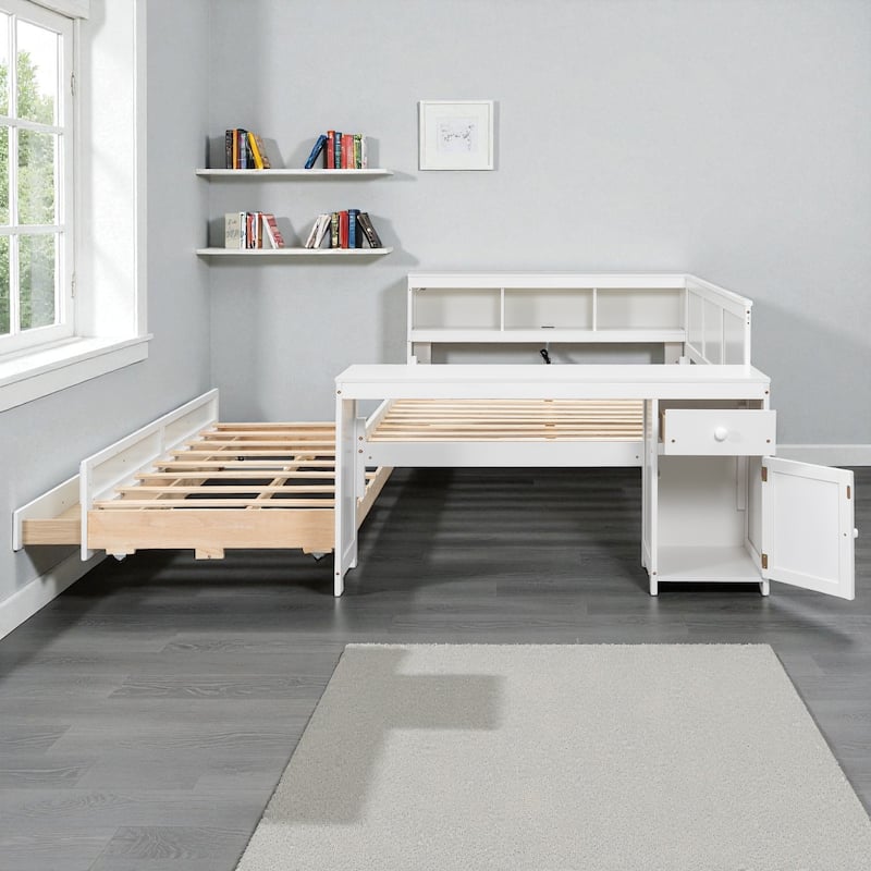Full Size Daybed with Storage Shelves, Drawers, Trundle, Desk, Cabinet, LED Light and Charging Station, Pine Wood Frame