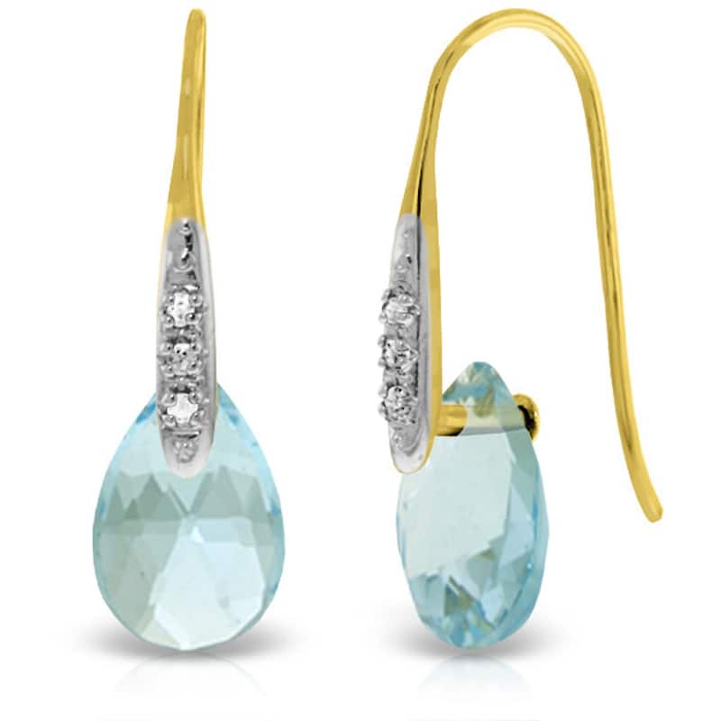 14K Solid Gold Fish Hook Earrings w/ Diamonds & Briolette Blue Topaz - Yellow