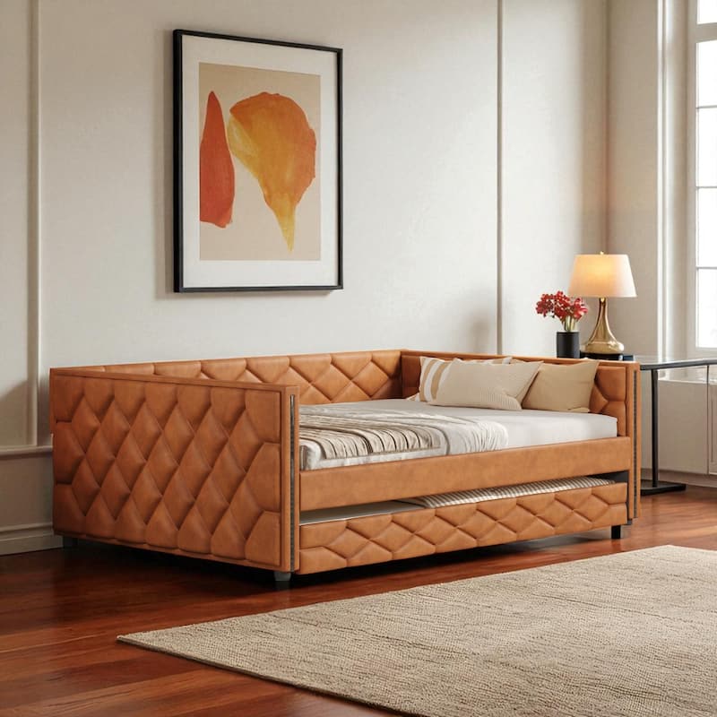 Full XL Upholstered Daybed with Trundle and LED Armrests, PU Leather Sofa Bed with Pull-Out Guest Bed