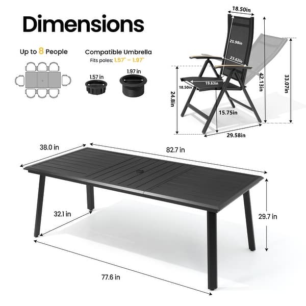 dimension image slide 4 of 6, 9/11/13-Piece Outdoor Patio Dining Set All-Weather Aluminum Dining Table with Umbrella Hole and Adjustable Folding Chairs