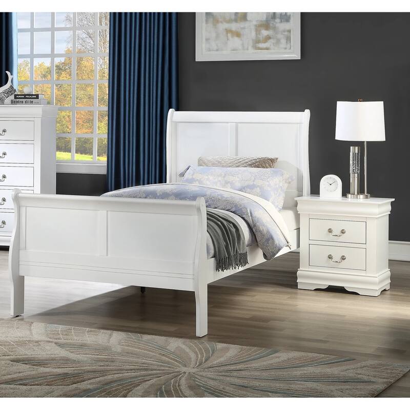 White Twin Size Sleigh Bed - Solid Wood Frame, Transitional Style Bedroom Furniture