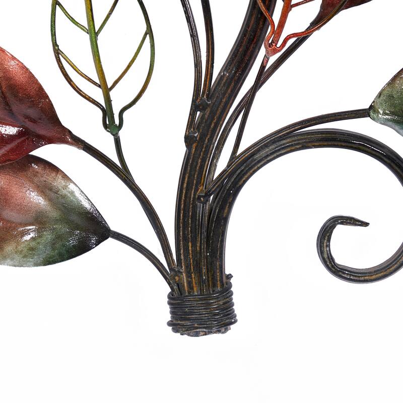 Multi Colored Metal Leaf Home Wall Decor with Scrolled Vine and Wire Leaf Accents