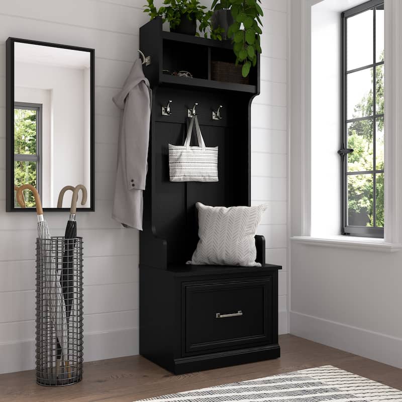Woodland Hall Tree and Small Shoe Bench with Drawer by Bush Furniture - Black Suede Oak
