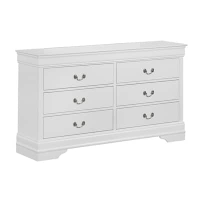 Transitional Style 6 Drawer Dresser with Metal Pulls, White