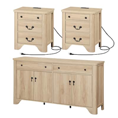 WAMPAT 59" W Large Sideboard Buffet Cabinet,and Nightstands Set of 2 with Charging Station for Living Room,Dining Room