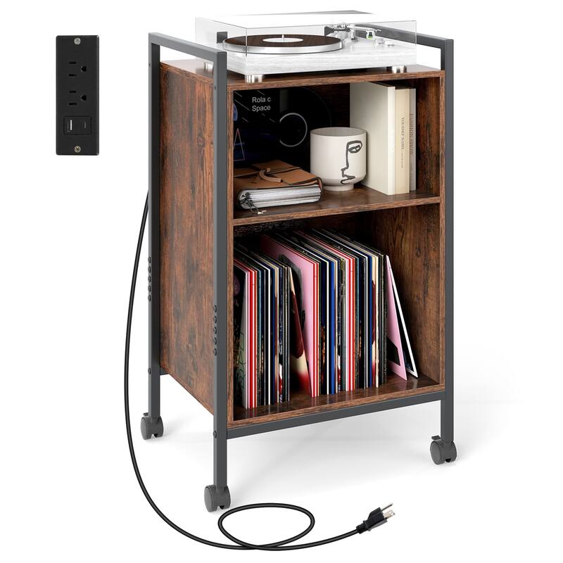 3-Tier Record Player Stand with USB Type-C Ports Vinyl Storage and Lockable Rolling Wheels - 19.5" x 16" x 33.5"