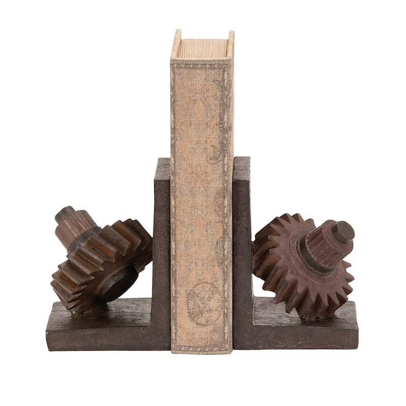 Brown Polystone Gear Decorative Bookends (Set of 2)