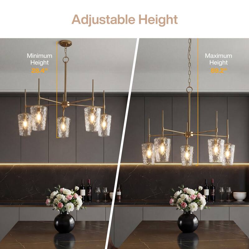 5-Light Modern Gold Chandelier with Ripple Glass Shades, Adjustable Height