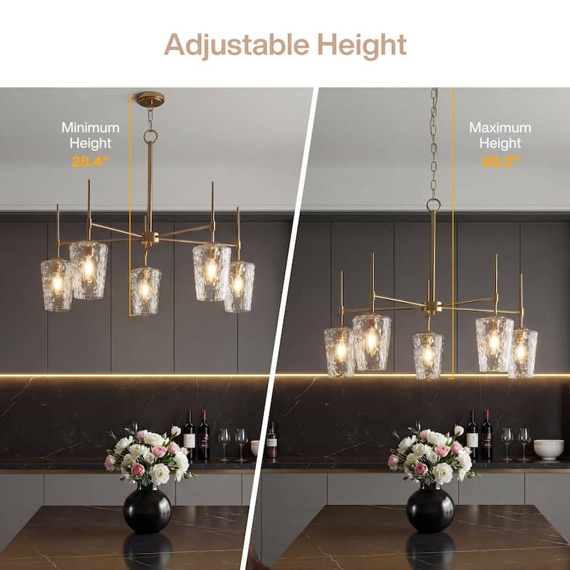 5-Light Modern Gold Chandelier with Ripple Glass Shades, Height-Adjustable Pendant - 31.5'' W × 31.5'' D × 89.2'' H