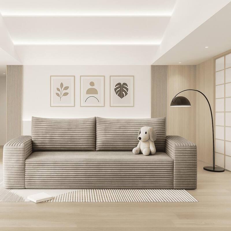 Modern Corduroy Fabric Upholstered Frameless Sofa Couch, For Apartment Living Room Den Entertainment Room - Camel - 70.92" Wide