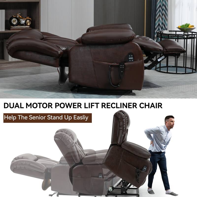 Brown Medium Electric Power Lift Recliner Chair in Genuine Leather with Dual Motors, 8-Point Massage, and Lumbar Heat