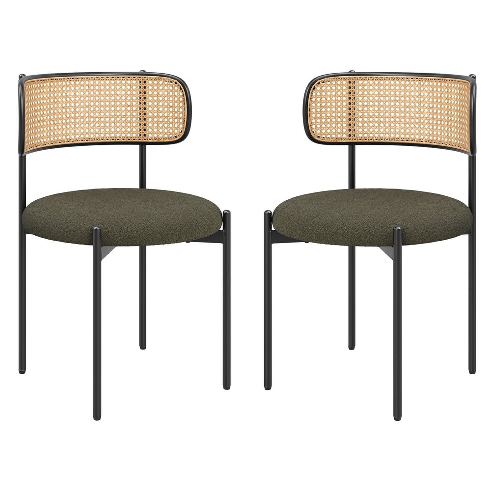 Set of 2 Upholstered Dining Chairs with Rattan Back and Metal Legs
