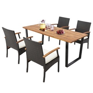 Gymax 5PCS Rattan Dining Set Acacia Wood Table 4 Wicker Chairs w/ - Bed ...
