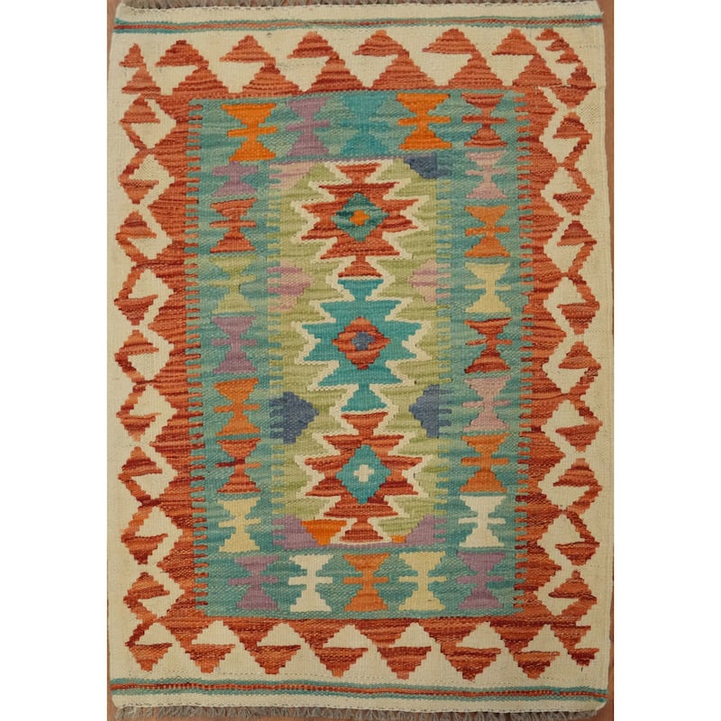 Hand Woven Oriental 100% Wool Carpet Southwestern Geometric Multi-Colored Kilim Area Rug - 3' 0'' X 2' 1''