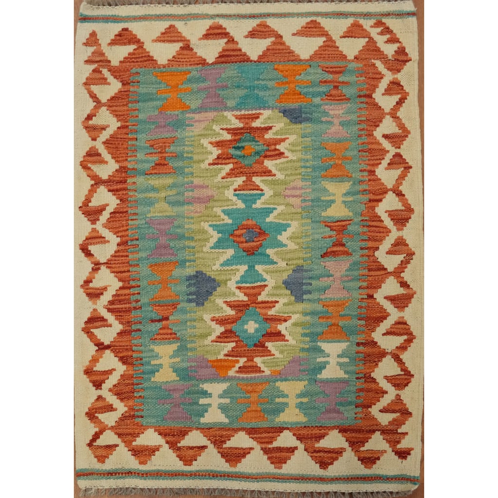 Hand Woven Oriental 100% Wool Carpet Southwestern Geometric Multi-Colored Kilim Area Rug - 3' 0'' X 2' 1''