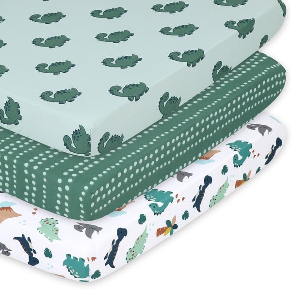 slide 1 of 1, The Peanutshell Green Dino 3-Pack Fitted Playard Sheets