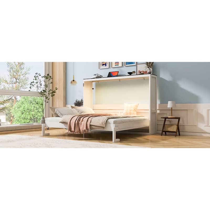 Roomfitters Full/Queen Size Murphy Bed with Desk, LED Light and Hydraulic Lift, Cabinet Design