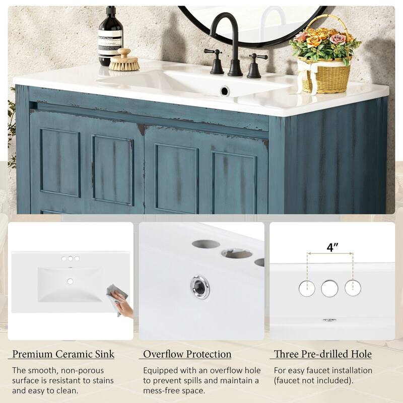 36" Rustic Bathroom Vanity Cabinet with Ceramic Sink -Solid Wood Freestanding Organizer with Soft Close Doors.