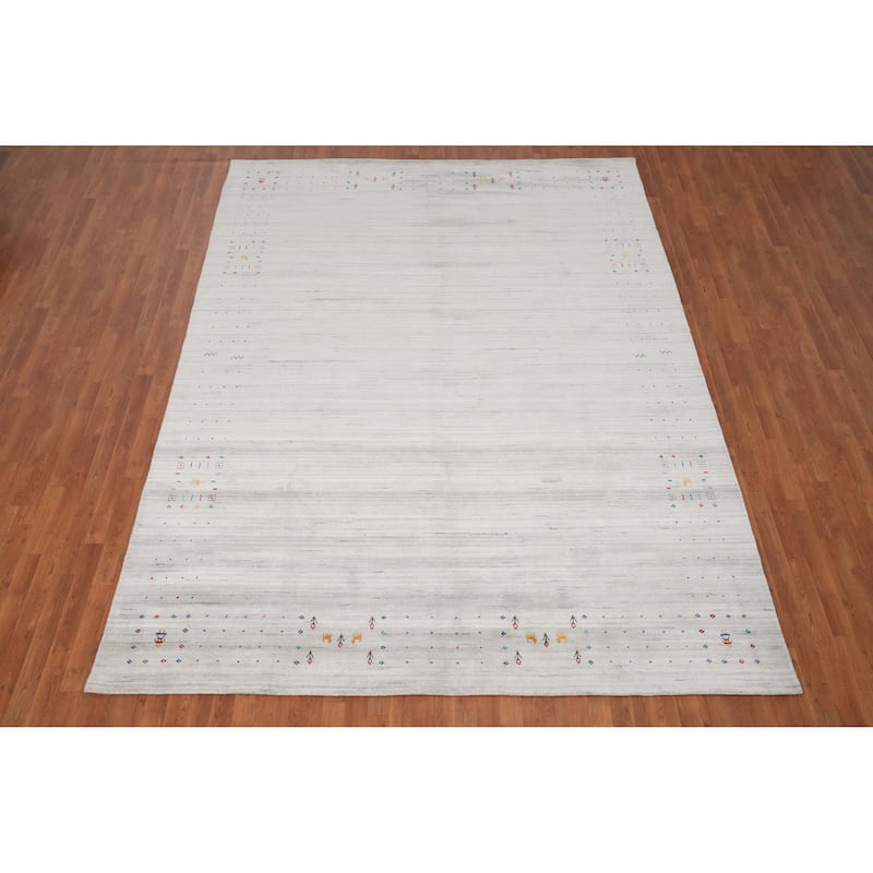 Hand Knotted Oriental Viscose Silk Carpet Tribal Animal Pictorial Greys & Charcoal Gabbeh Area Rug - 11' 9'' X 8' 9''