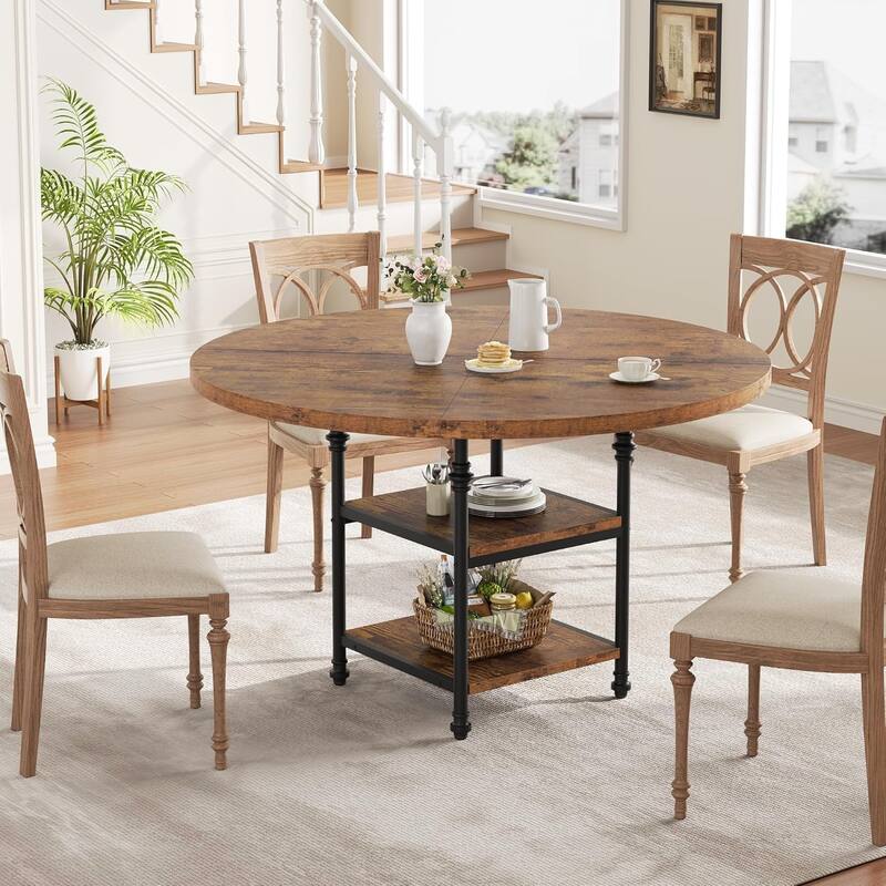 47" Round Dining Table for 4–6, Modern Wood Table with Storage Shelf & Roman Metal Legs, Table Only