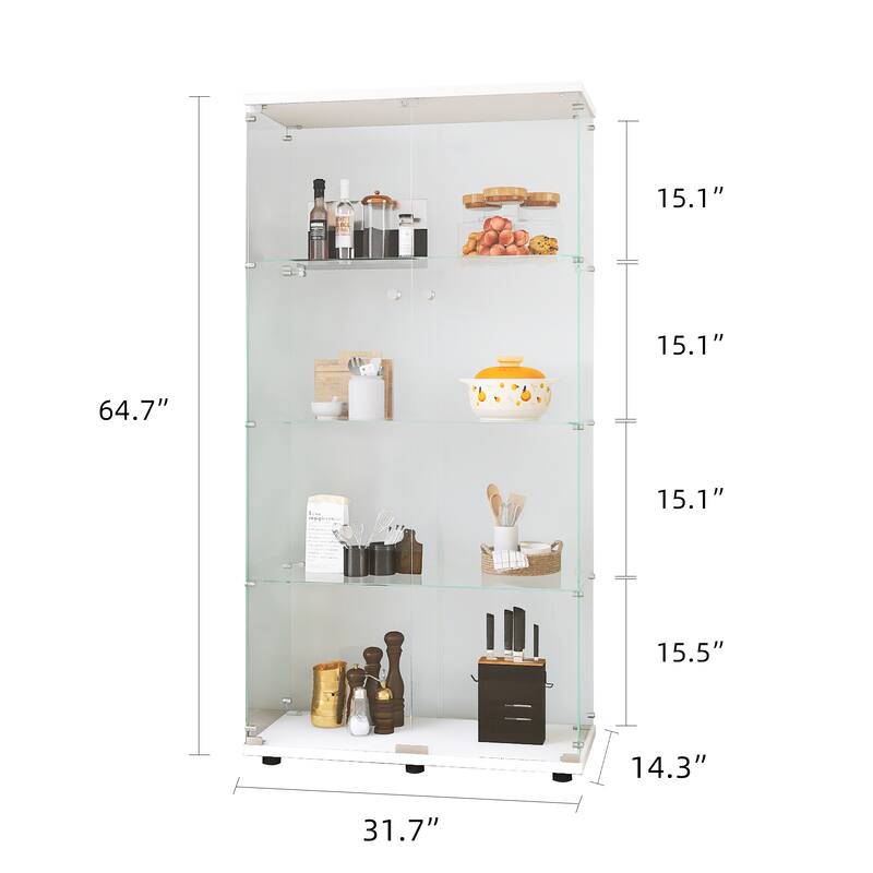 4-Shelves Glass Display Cabinet with 2 Doors, Floor Standing Curio Bookshelf, for Living Room Bedroom Study or Collection Room