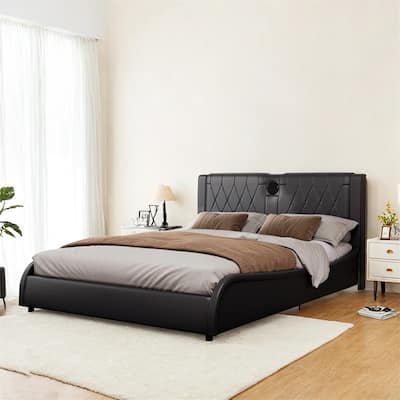 Full Size Luxurious Faux Leather Upholstered Platform Bed w/LED Light