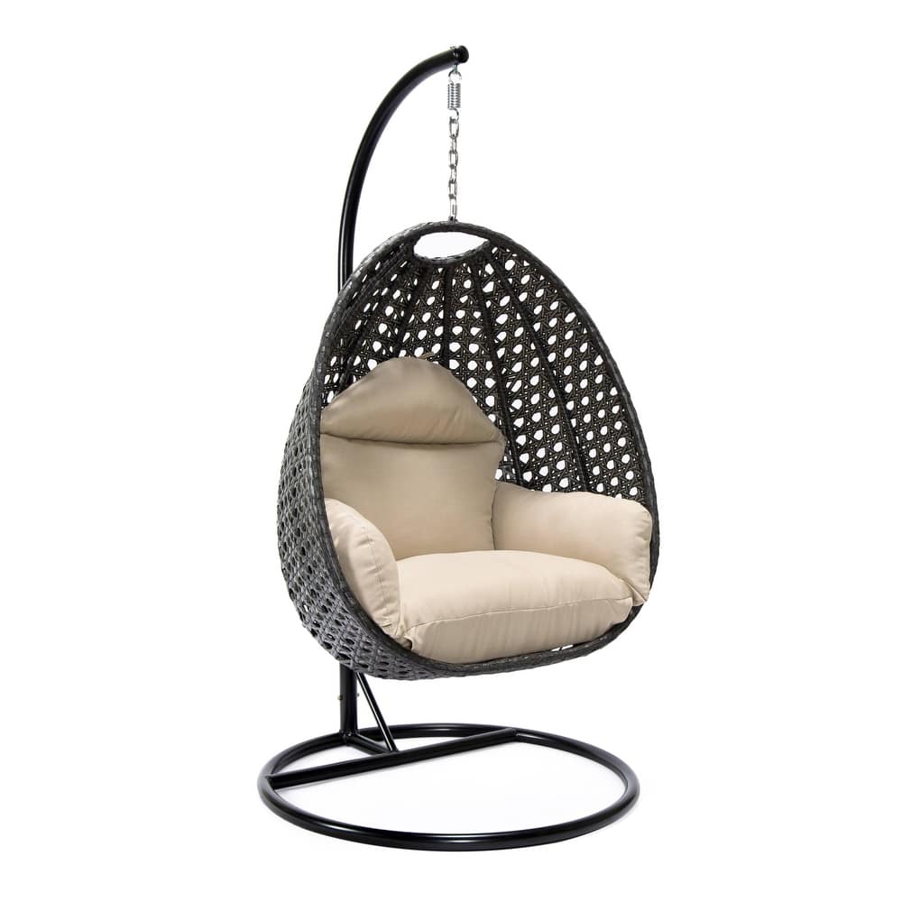 LeisureMod Charcoal Single Seater Rattan Wicker Egg Swing Hanging Chair for Indoor Outdoor Patio Porch Backyard Garden