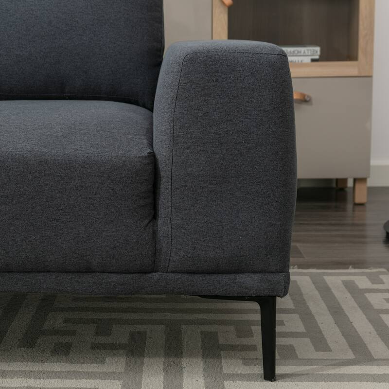 Dark Grey Linen Upholstered Large Sofa w/ Square Arm & Metal Legs Bed