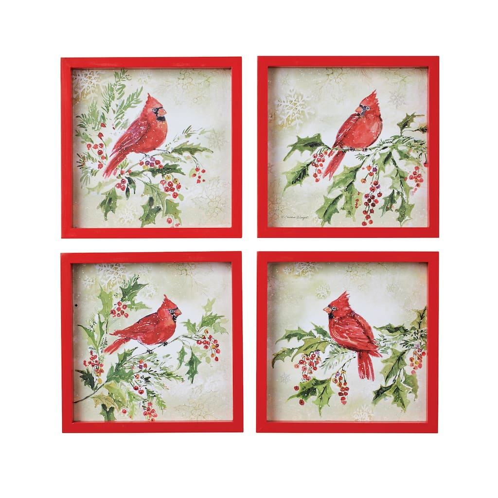 Cardinal Holly Red Wooden Framed Wall Art - Set of 4 - 8 x 8 x 1.12