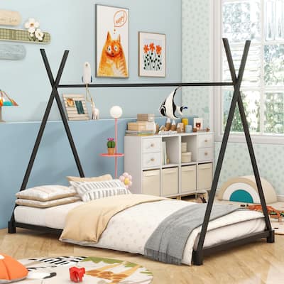 Black Twin Size Metal House Platform Bed with Triangle Structure for Bedroom