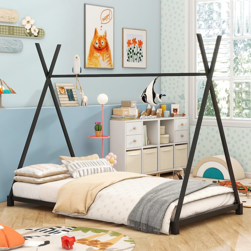 Twin Size Metal House Bed Frame with Triangle Structure, X-Shaped Railings, and Sturdy Platform Design for Kids