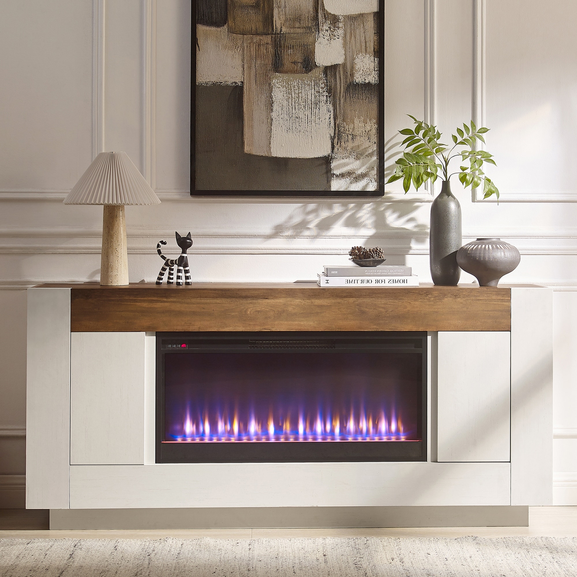 Modern 70" Fireplace TV Stand w/ LED, Thick Wood Block Media Console