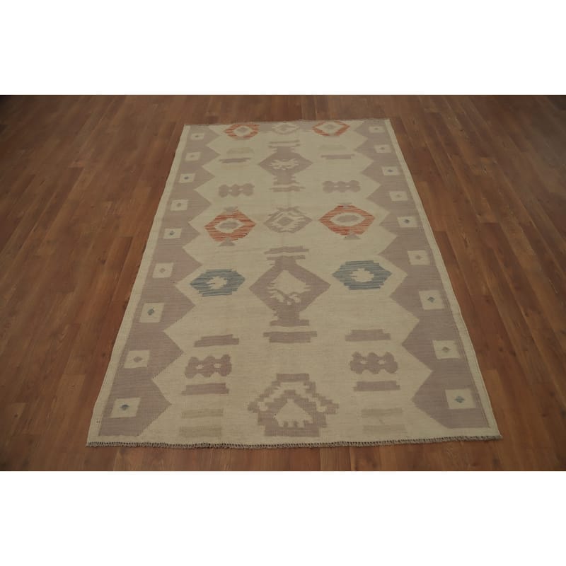 Hand Woven Oriental 100% Wool Carpet Southwestern Tribal Beige & Ivories Kilim Area Rug - 5' 11'' X 3' 11''