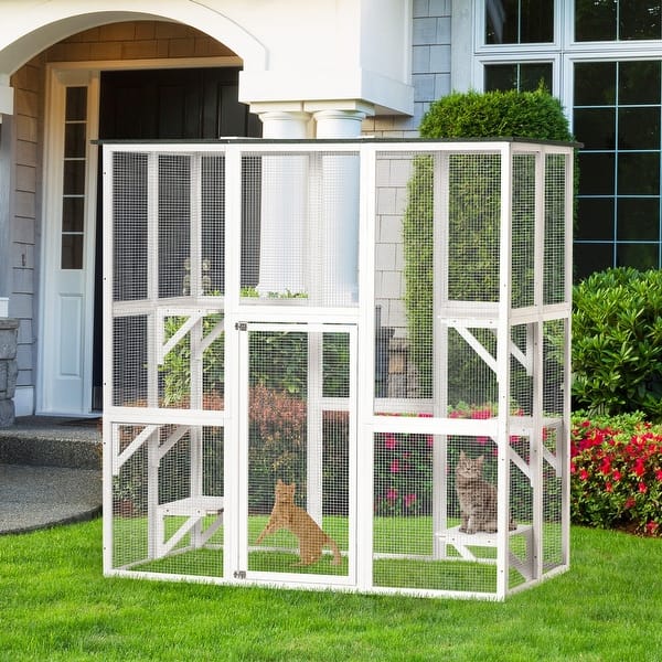 slide 1 of 27, PawHut Large Wooden Outdoor Cat House Catio Enclosure, Kitten Cage with Weather Protection, Cat Patio with 6 Platforms - 71"L White