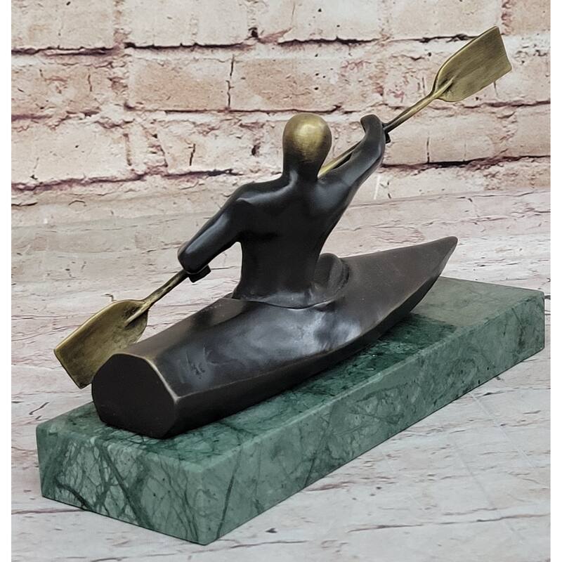Hot Cast Canoeing Trophy Bronze Sculpture By Mario Nick Green Marble Base Figure