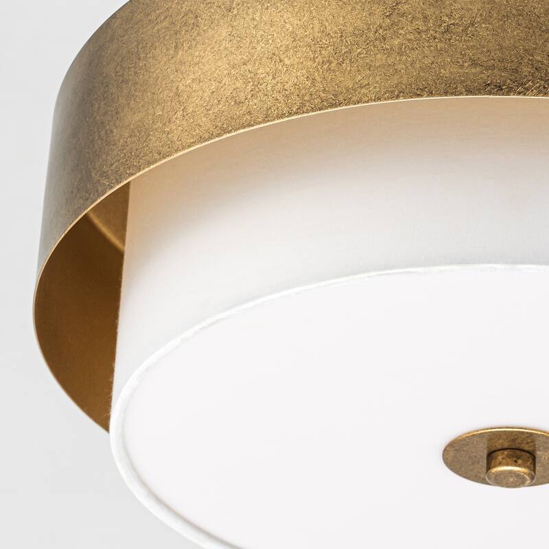 13.8" W Mid-Century Modern Tiered Flower/Circluar Drum Ceiling Light in Distressed Stain Gold with White Fabric Shade