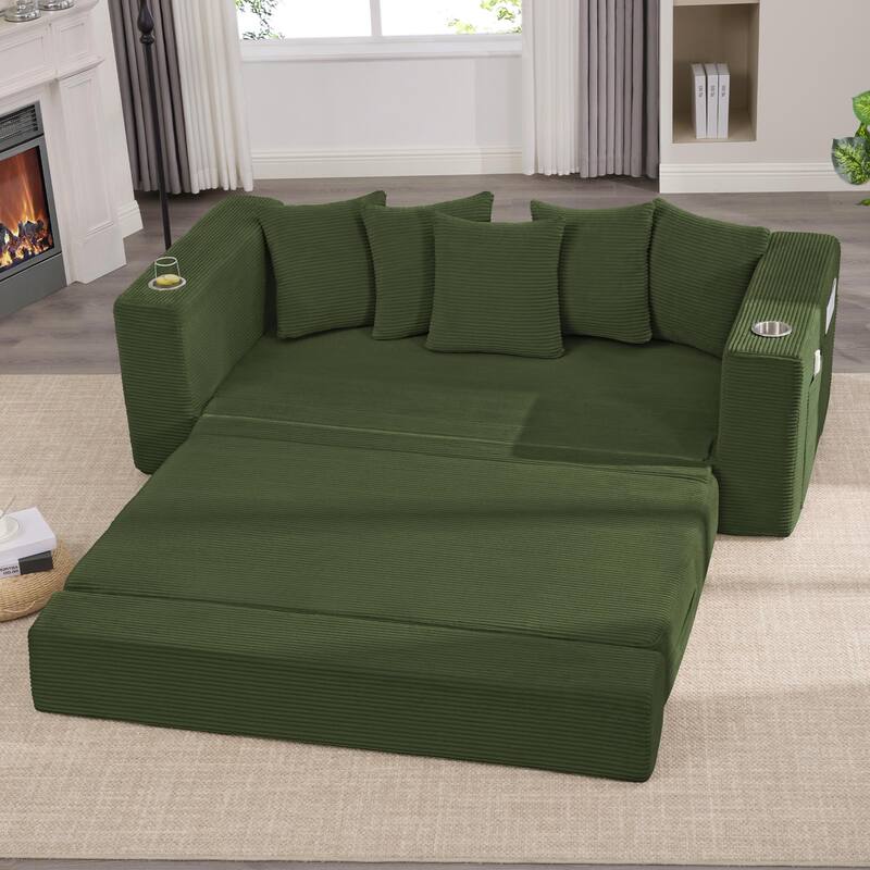 2-in-1 Convertible Sleeper Sofa, Floor Folding Couch, Sofa Bed with Side Pocket, Pull Out Loveseat with Cup Holders